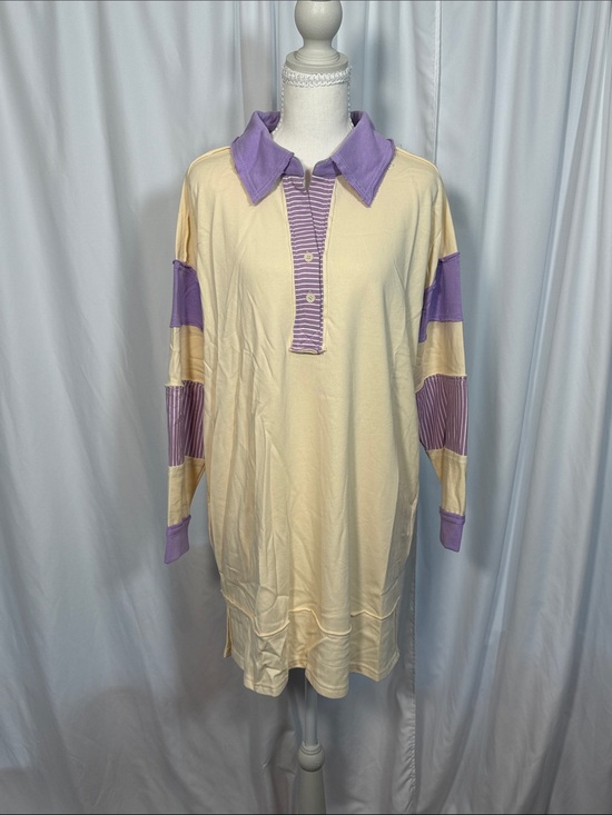 heyson Dresses & Skirts - Long Sleeve Cream Shirt Dress with Lavender Polo Details